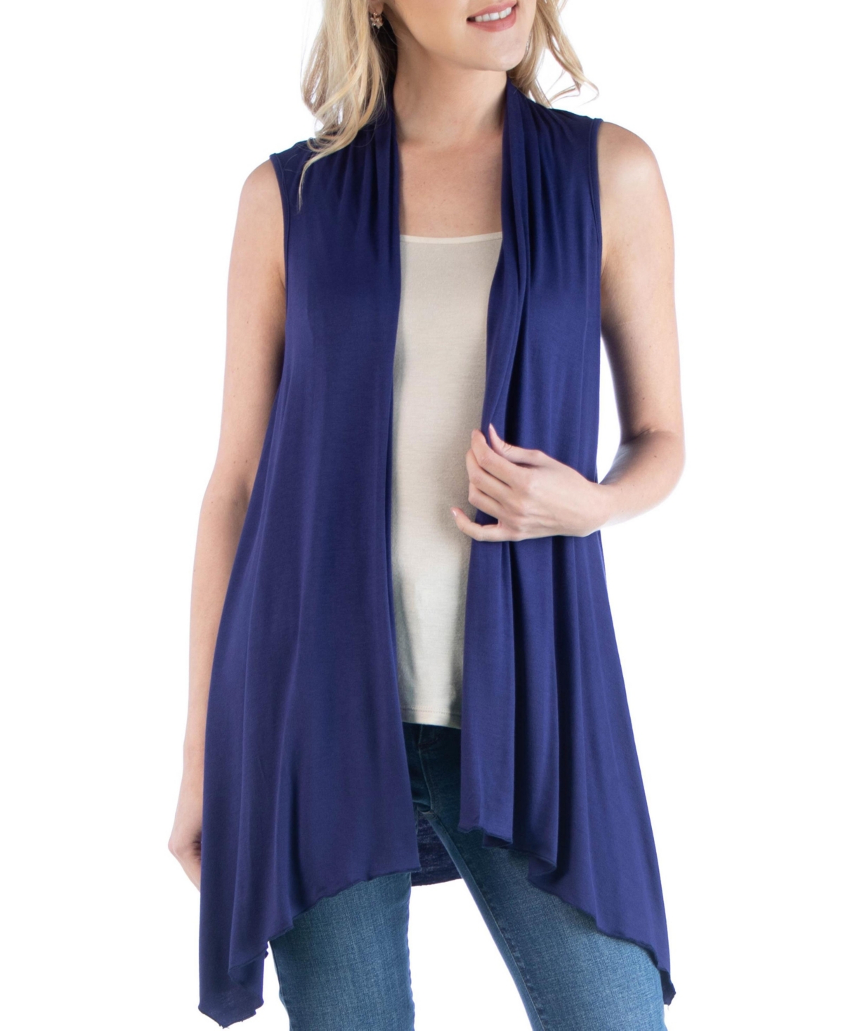 24seven Comfort Apparel Sleeveless Long Maternity Cardigan With Side Slit In Navy