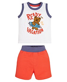 Baby Boys Embroidered Surfer Bear Tank Top and Shorts, 2 Piece Set
