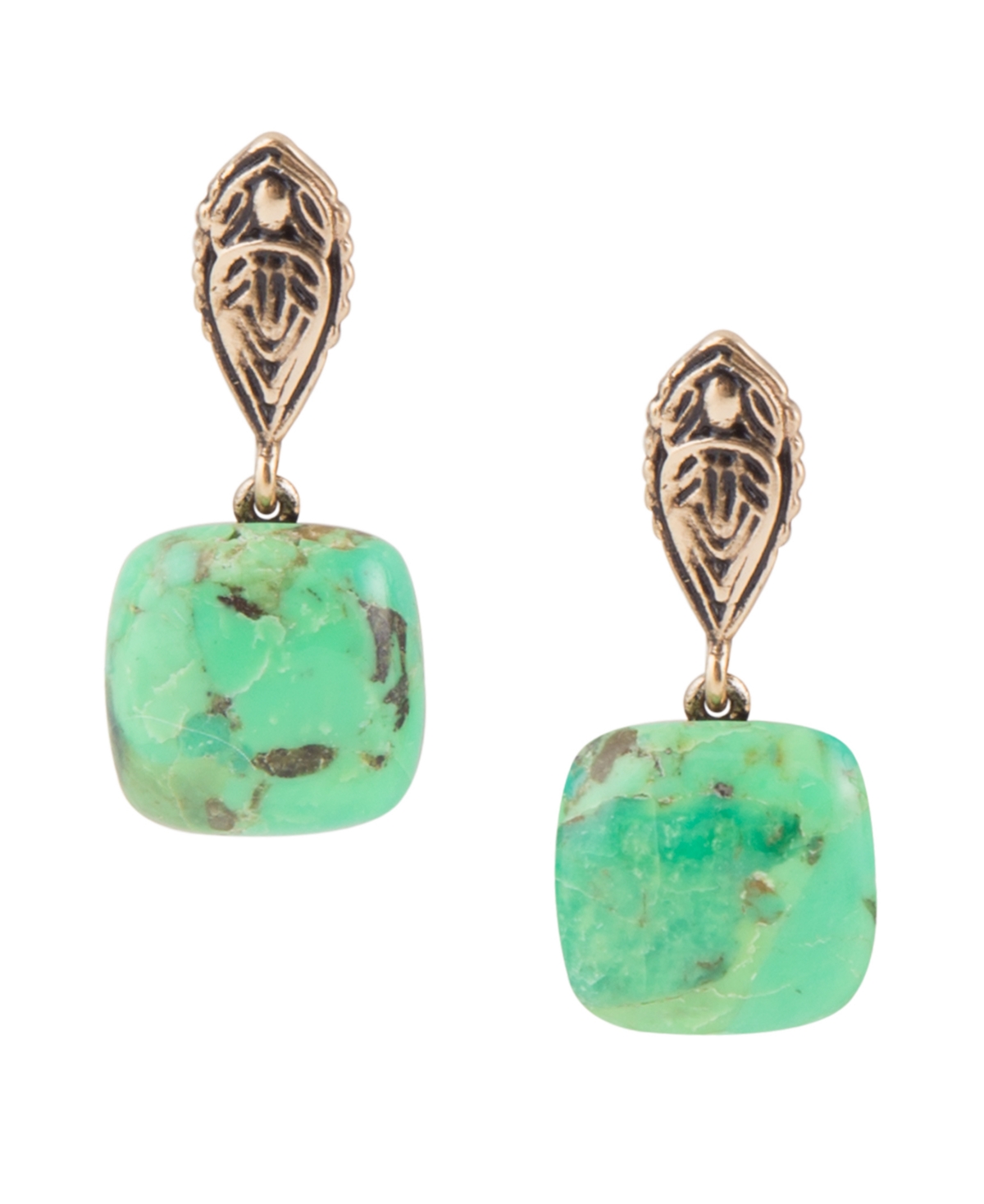 Ornate Bronze and Genuine Lime Turquoise Drop Earrings - Lime Turquoise