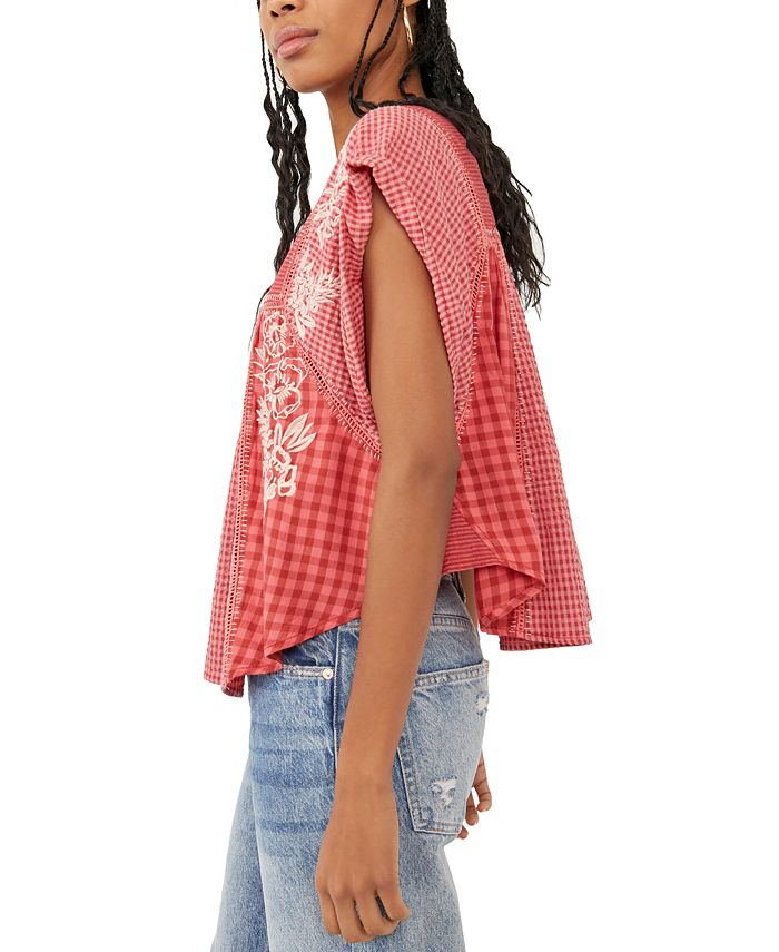 Free People Women's Half Moon Gingham Check Shirt Red Size Large