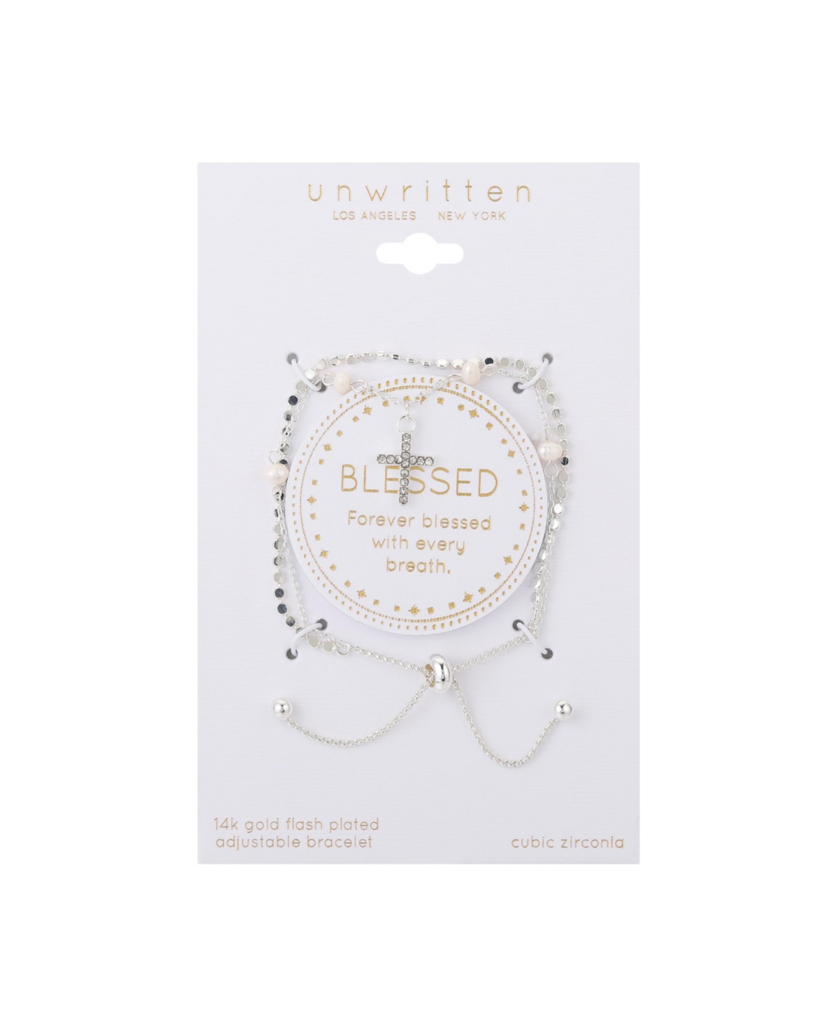 Unwritten Fine Silver Plated Crystal Cross and Genuine Pearl Double Strand Bolo Bracelet - Silver-tone