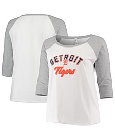 Women's White, Heathered Gray Detroit Tigers Plus Size Baseball Raglan 3/4 Sleeve T-shirt