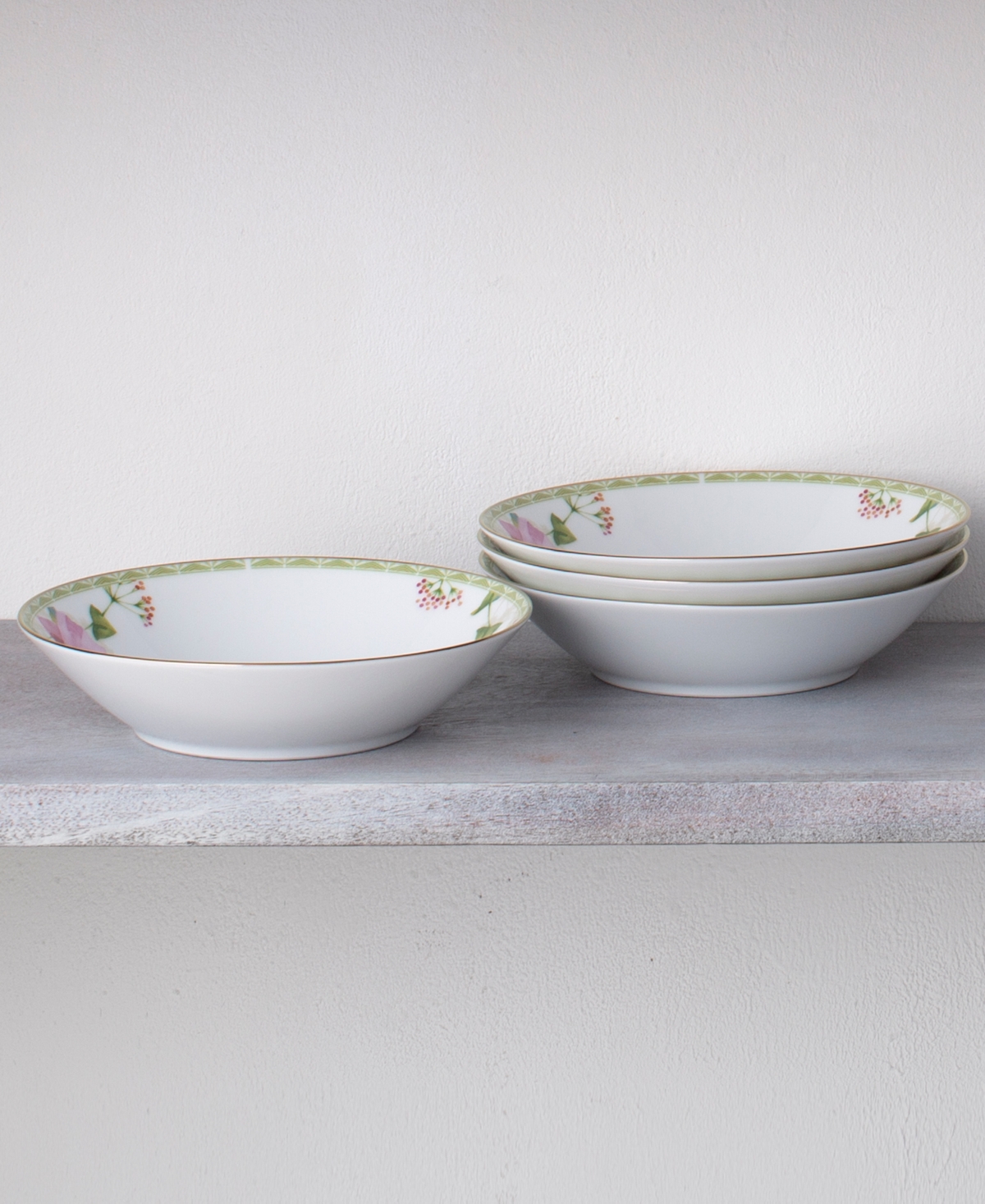 Noritake Poppy Place 12 oz Soup Bowls 4 Piece Set, 7.5" In White,pink,gold-tone