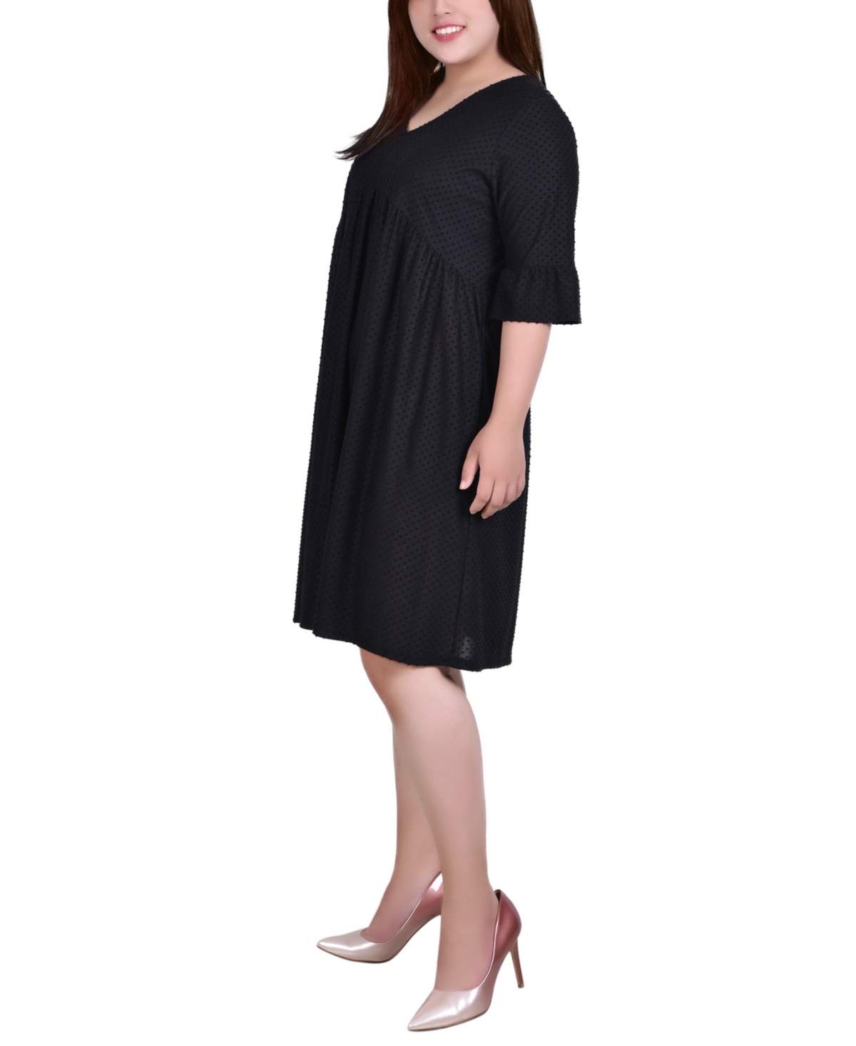 NY COLLECTION PLUS SIZE SHORT BELL SLEEVE SWISS DOT DRESS