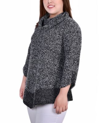 Plus Size Long Roll Tab Sleeve Nubby Cowl Neck Top