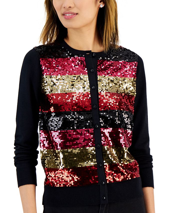 Charter Club Womens Patchwork Cardigan Black Size Petite Medium