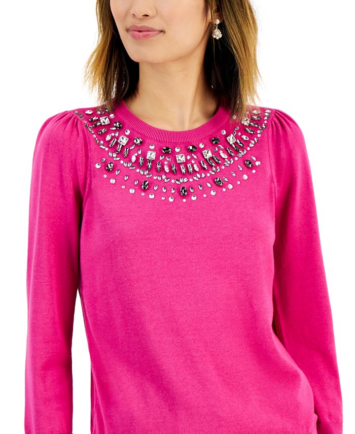 Charter Club Petite EmbellishedNeckline Sweater, Created for Macy's
