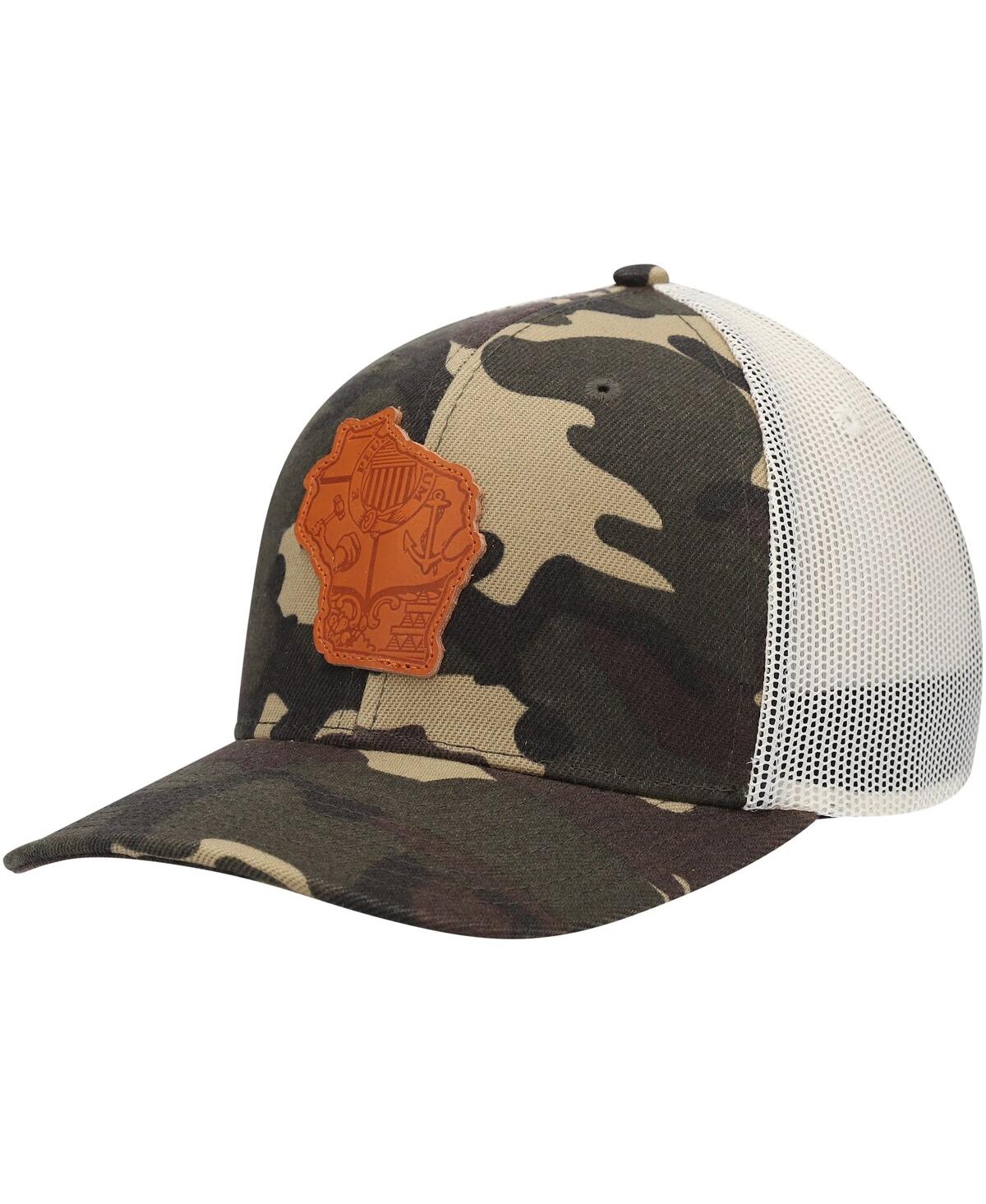 Shop Local Crowns Men's  Camo Wisconsin Icon Woodland State Patch Trucker Snapback Hat