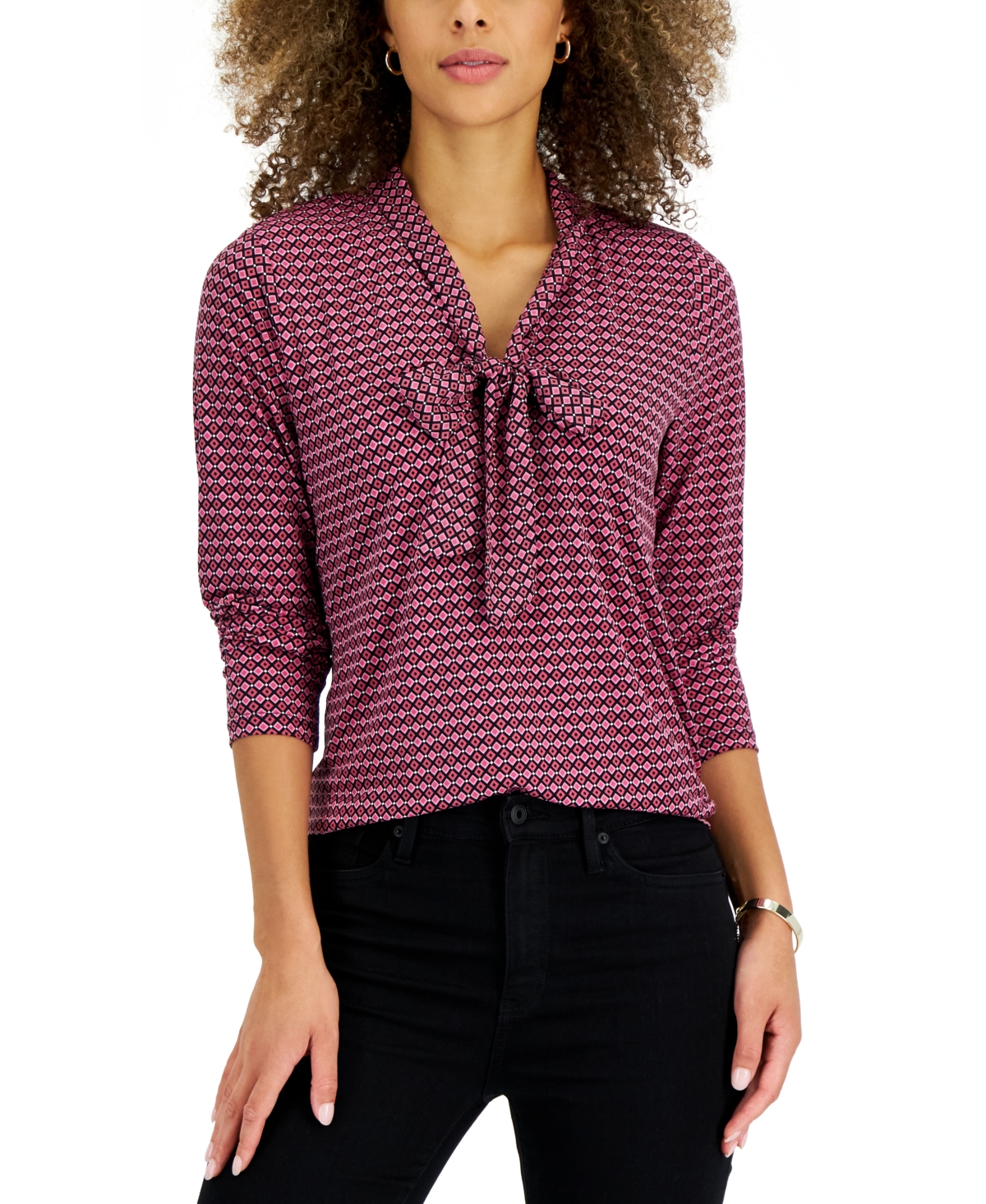 Charter Club Women's Geo Printed Tie-Neck Blouse, Created for Macy's
