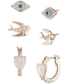 Gold-Tone 3-Pc. Set Crystal, Bead & Imitation Pearl Charm Earrings