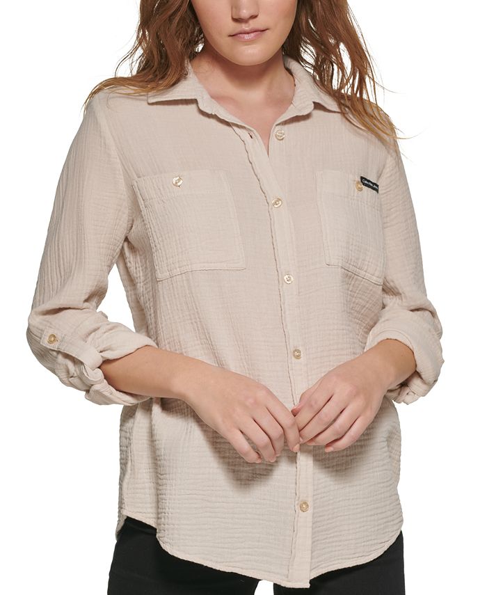 Calvin Klein Jeans Petite Cotton Crepe Button-Front Shirt & Reviews - Tops  - Petites - Macy's