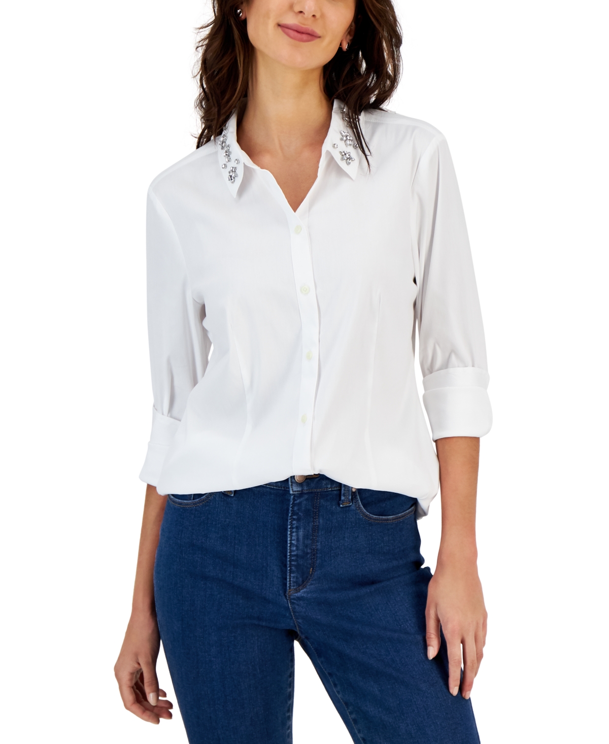 Charter Club Women's Long Sleeve Embellished Buttoned Top, Created for Macy's
