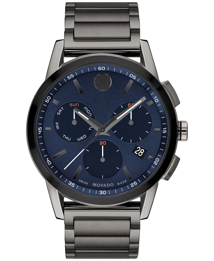 Movado Men\'s Swiss Chronograph Macy\'s PVD - Bracelet Museum Sport Stainless Gray 43mm Watch Steel