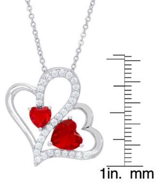 Women's Fine Silver Plated Simulated Ruby Cubic Zirconia Double Heart Pendant Necklace
