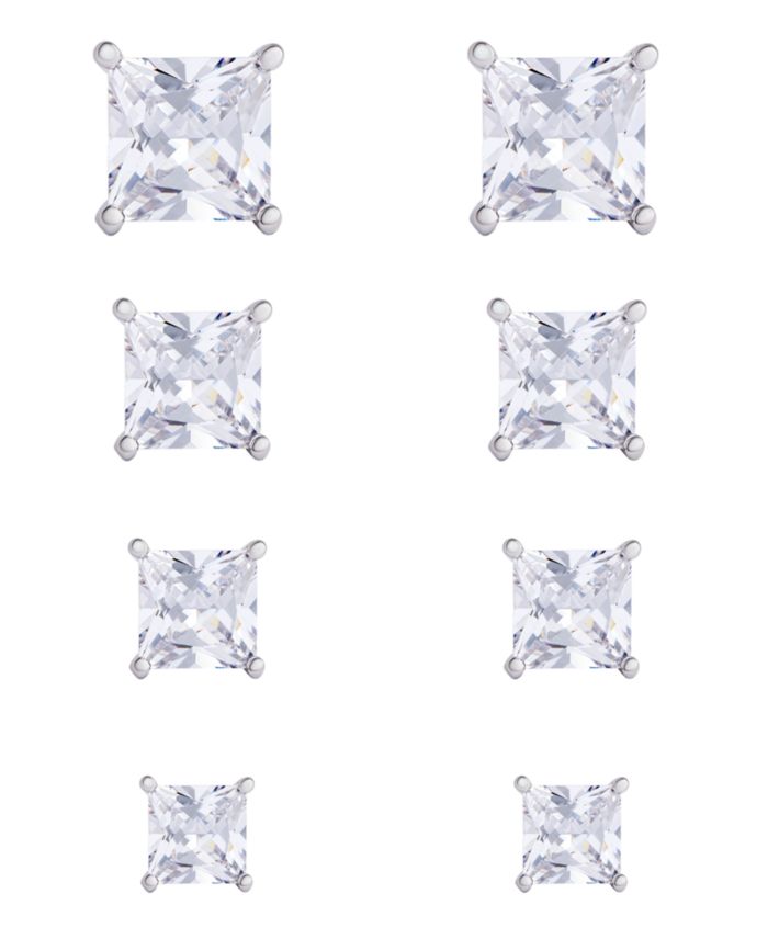Women's Fine Silver Plated Square Cubic Zirconia Stud Earrings Set, 8