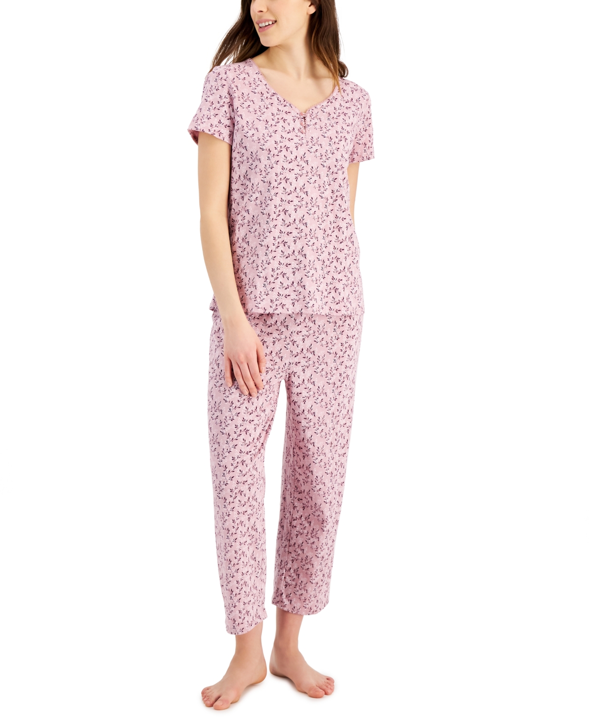 Charter Club Women's Short Sleeve Cotton Essentials Printed Pajama Set, Created for Macy's