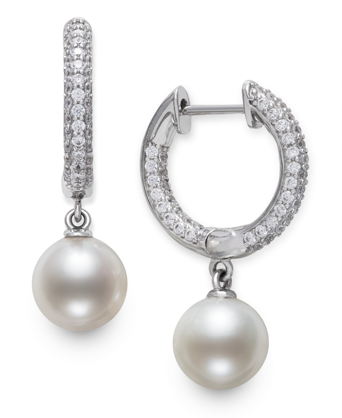 Cultured Freshwater Pearl (7mm) & Cubic Zirconia Dangle Huggie Hoop Earrings in Sterling Silver, Created for Macy's - Sterling Silver
