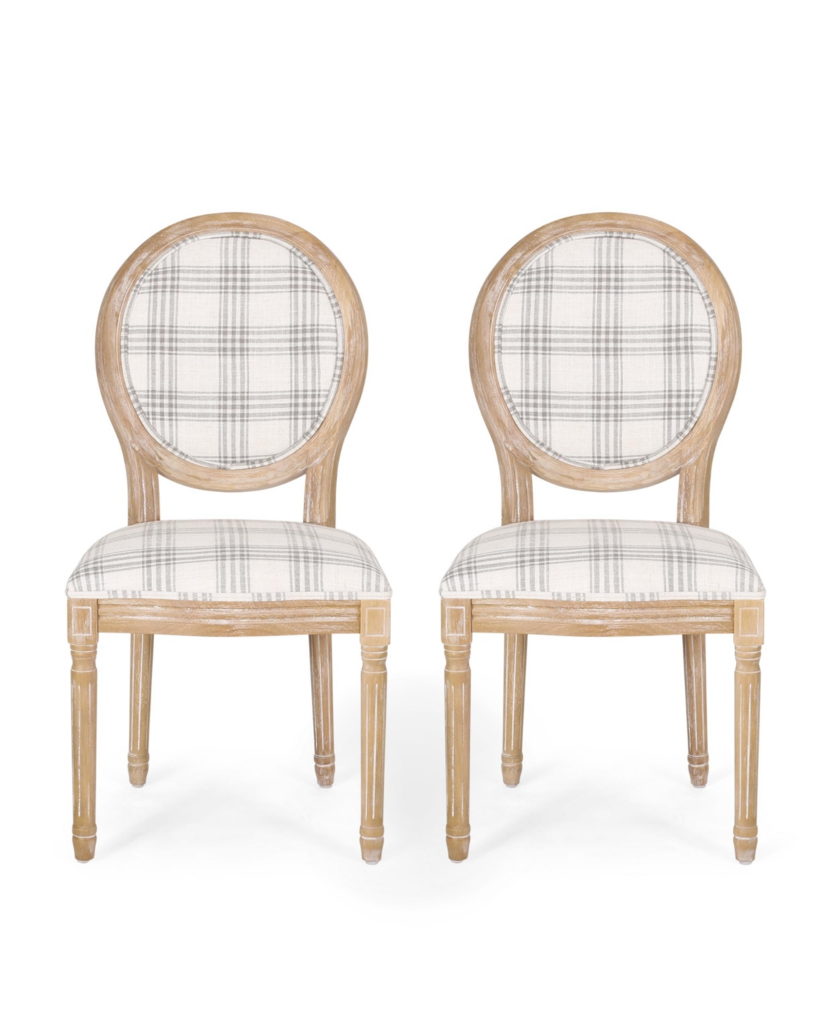 Noble House Phinnaeus French Country Dining Chairs Set, 2 Piece In Gray Plaid And Light Beige