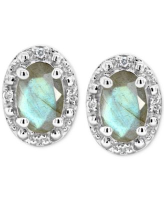 Onyx & Diamond Accent Oval Stud Earrings in Sterling Silver (Also in Labradorite & Turquoise)