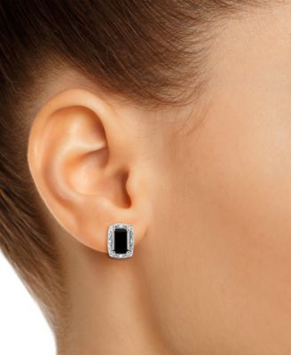 Onyx & Diamond Accent Rectangle Stud Earrings in Sterling Silver (Also in Turquoise & Labradorite)
