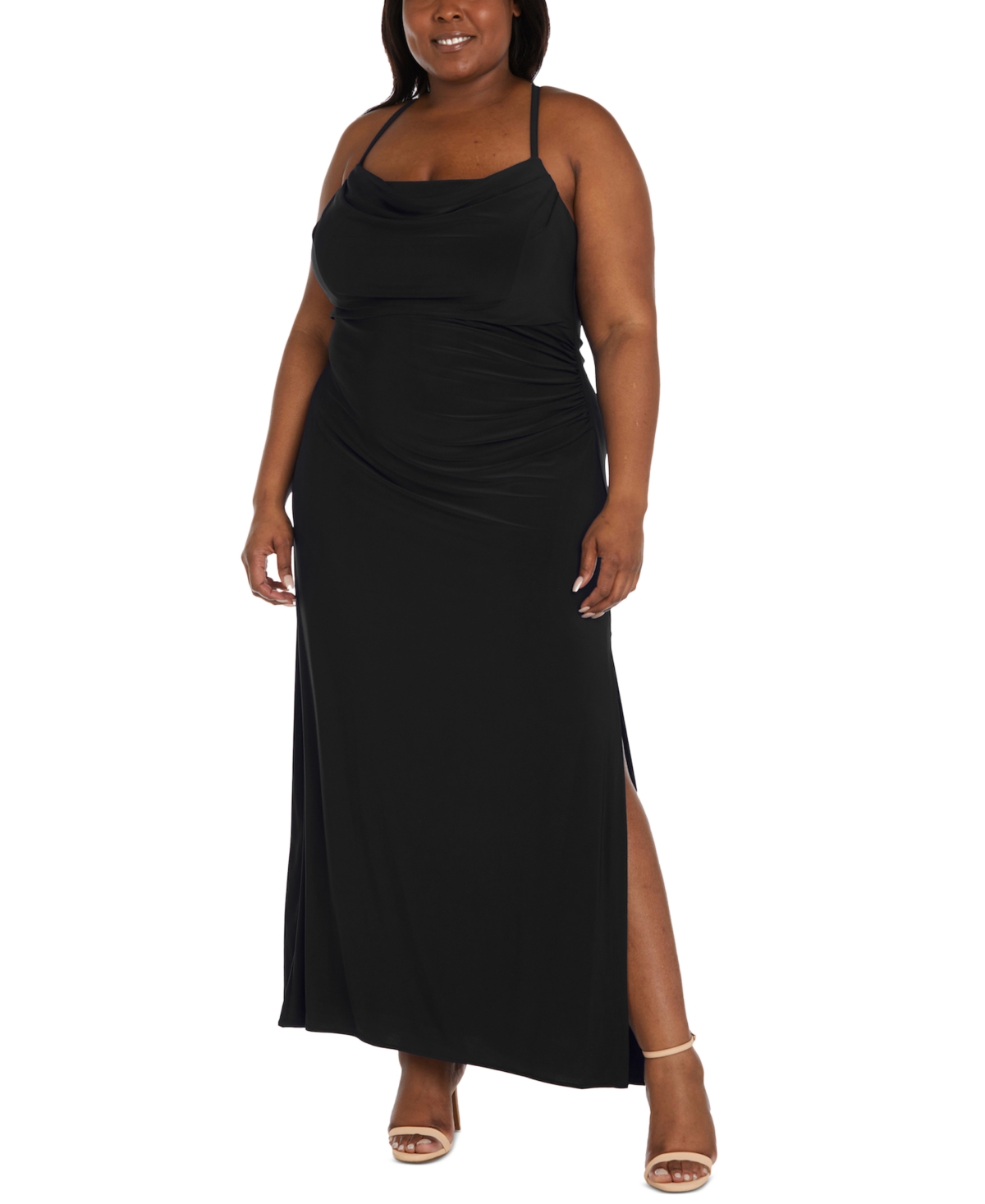 Morgan & Company Trendy Plus Size Long Draped-front Dress In Black
