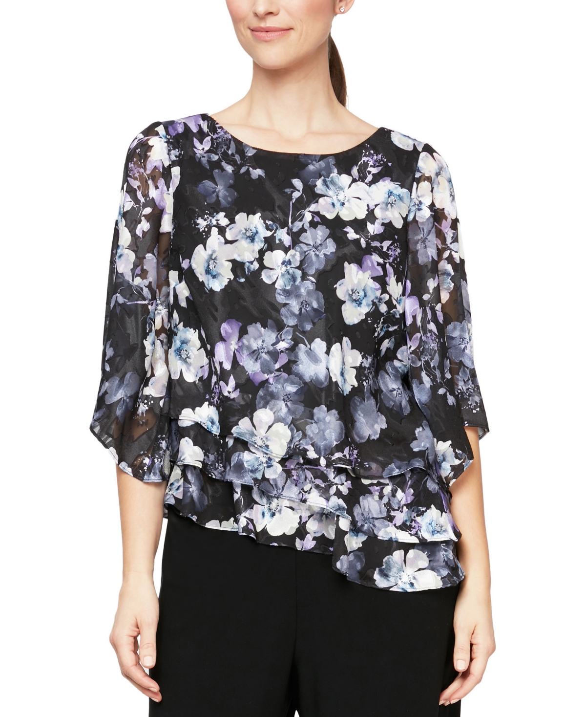 Alex Evenings Plus Size Floral-print Tiered Chiffon Top In Black White