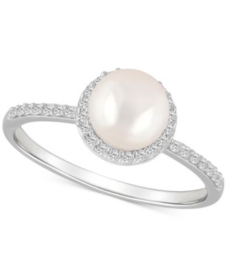 Macy's - Cultured Freshwater Pearl (7mm) & Lab-Grown White Sapphire (1/5 ct. t.w.) Halo Ring in 10k White Gold