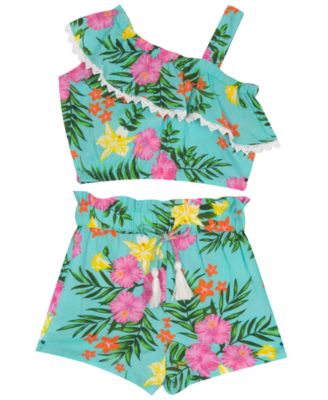 Photo 1 of 3-6 M Baby Girls Hibiscus Floral One Shoulder Top and Short, 2 Piece Set