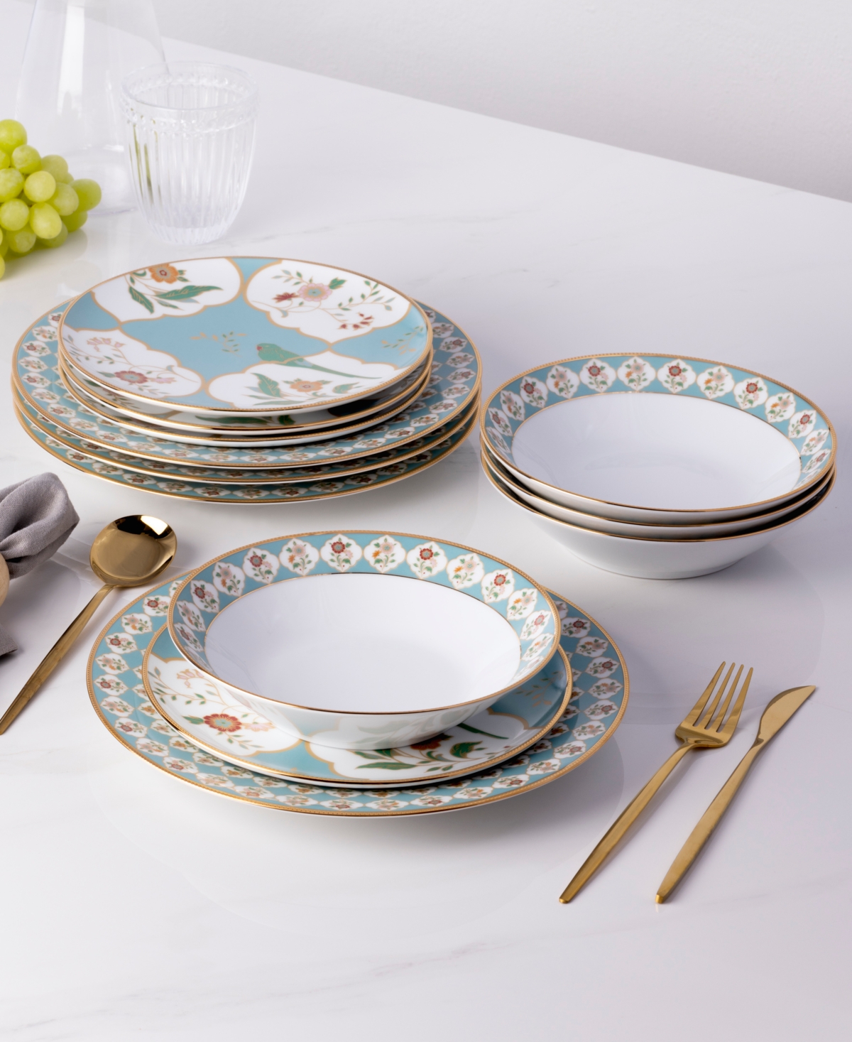 Noritake Lodi's Morning 20 oz Soup Bowls, Set Of 4 In White,blue,gold-tone Band