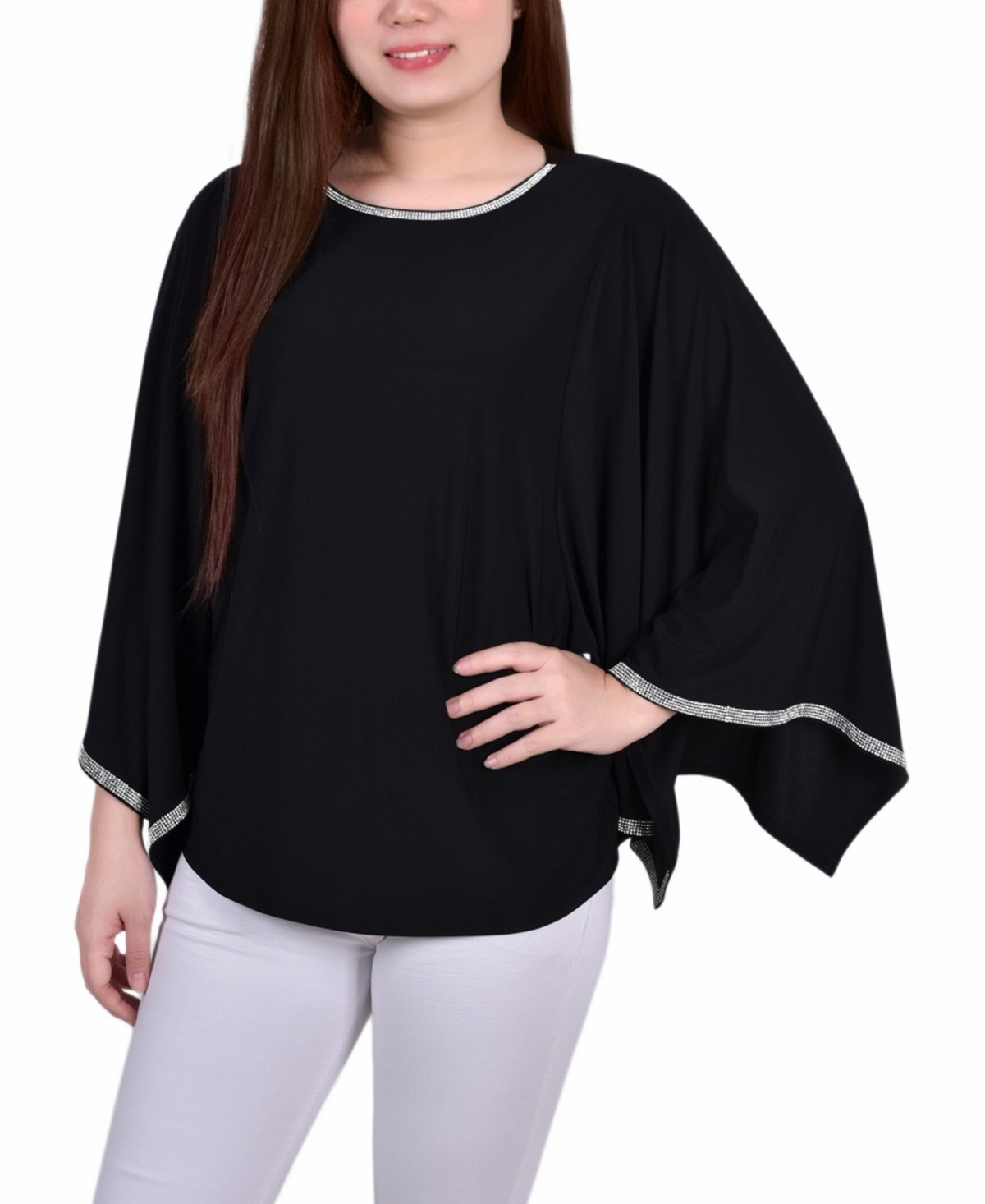 Ny Collection Petite Size Long Batwing Top With Glitz Tape At Neckline And Sleeves In Black