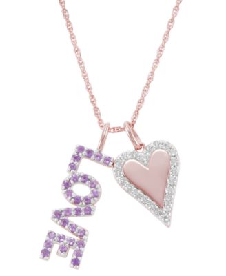 Macy's - Amethyst (3/8 ct. t.w.) & White Topaz (3/8 ct. t.w.) Love & Heart Pendant Necklace in 18K Rose Gold-Plated Sterling Silver, 16" + 2" extender