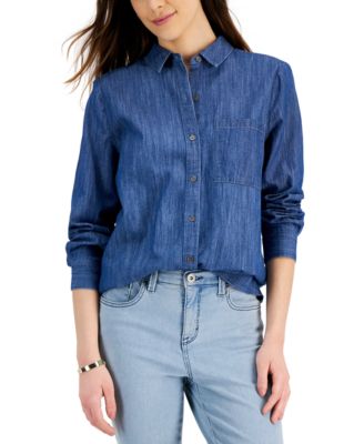 Style & Co - Petite Button-Down Chambray Boyfriend Shirt