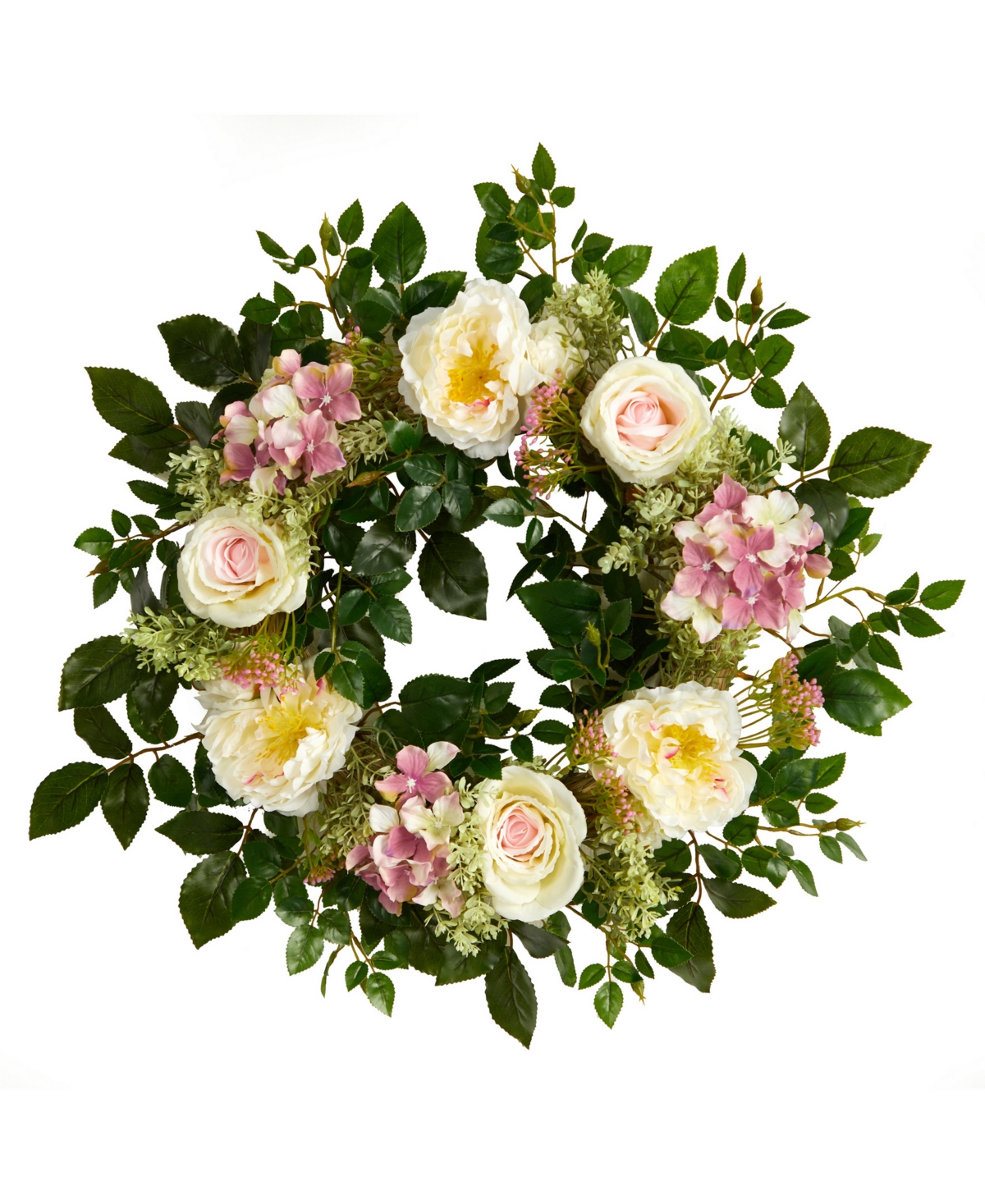 Nearly Natural Mixed Rose And Hydrangea Artificial Wreath, 22" In White