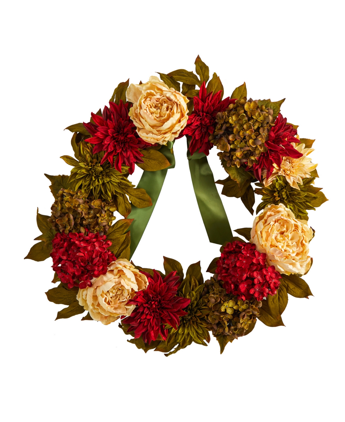 Peony, Dahlia and Hydrangea Artificial Wreath, 24" - Red