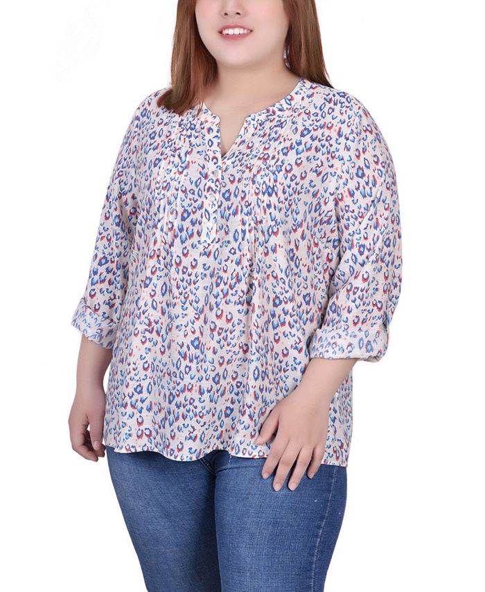 NY Collection Plus Size 3/4 Roll Tab Sleeve Blouse Top - Macy's