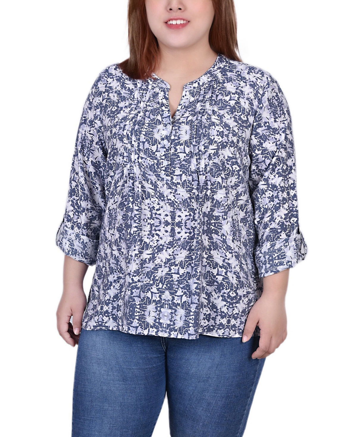 Ny Collection Women's Missy 3/4 Roll Tab Sleeve Blouse Top In Navy ...