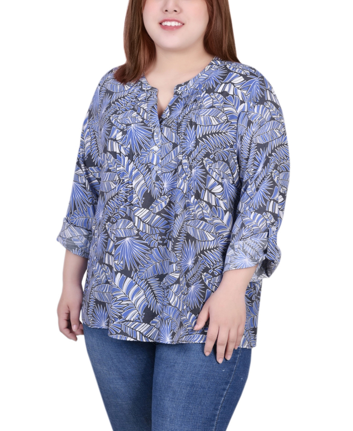Ny Collection Plus Size Long Roll Tab Sleeve Pintuck Front Blouse In ...