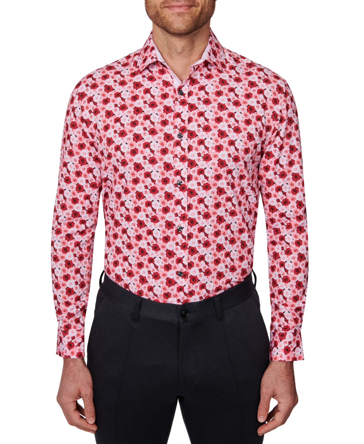 Men's Slim Fit Non-Iron Floral-Print Performance Stretch Dress Shirt - Red