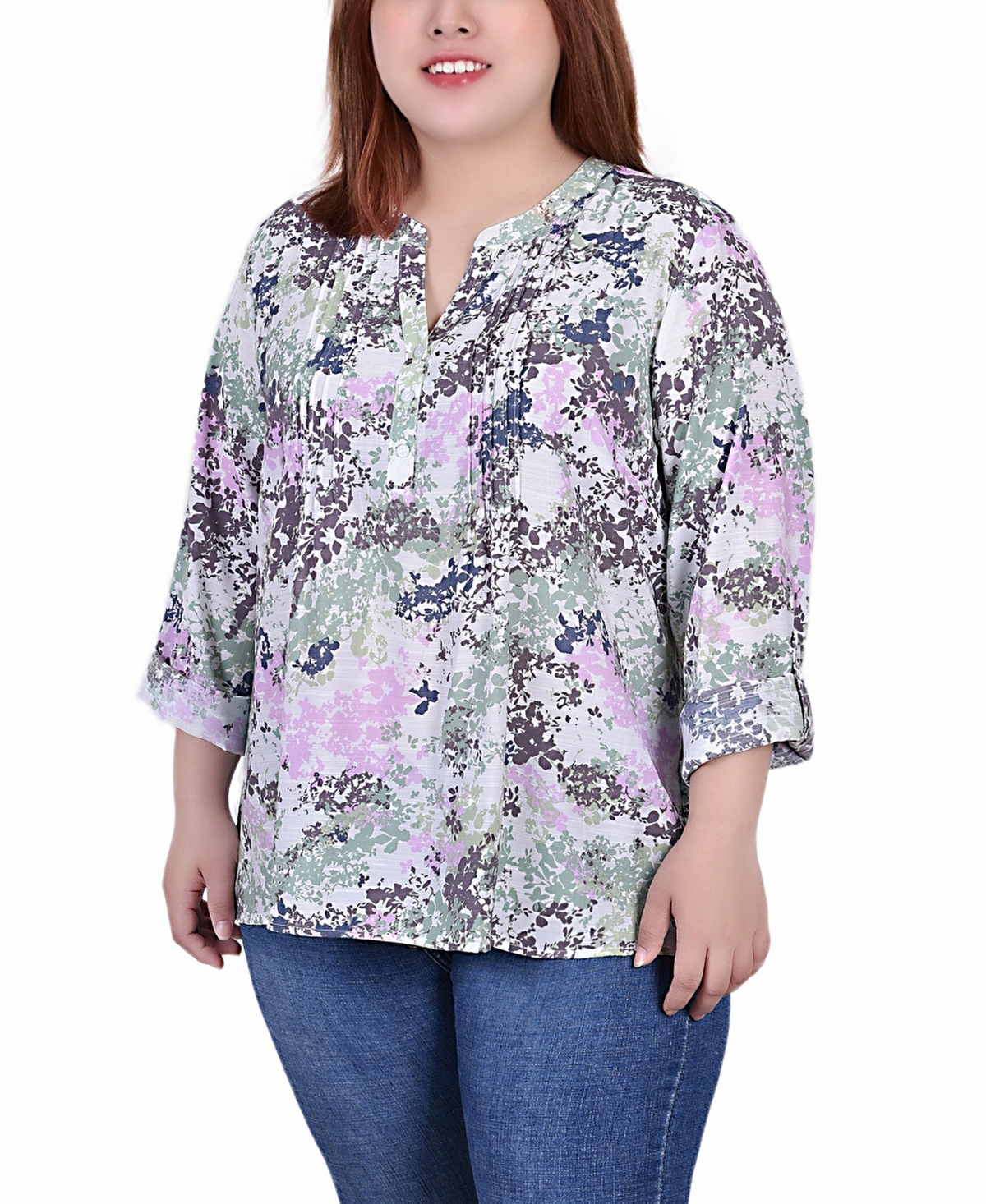 Ny Collection Women's Missy 3/4 Roll Tab Sleeve Blouse Top In Tiedye Floral