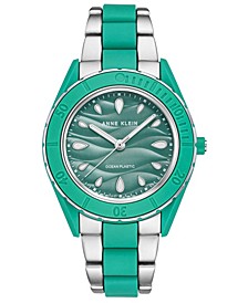 Women's Silver-Tone and Pastel Green Solar Ocean Work Plastic Bracelet Watch, 38.5mm