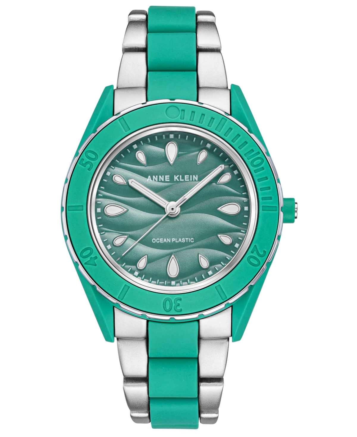 Shop Anne Klein Women's Silver-tone And Pastel Green Solar Ocean Work Plastic Bracelet Watch, 38.5mm In Two-tone