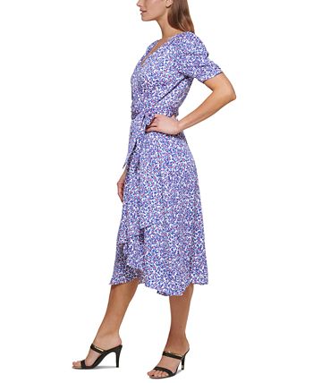 DKNY Women's Floral Print Faux Wrap Gown Blue Size 8