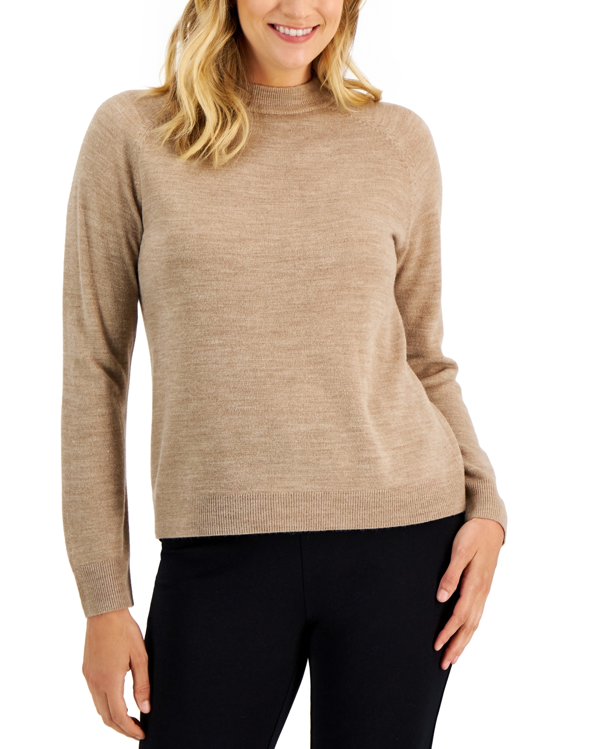 Petite Mock Neck Zip-Back Sweater, Created for Macy's - Chestnut Heather