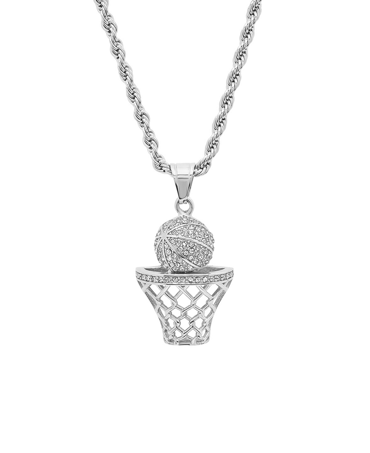 Men's Stainless Steel Simulated Diamond Basketball and Hoop Pendant - Silver-tone