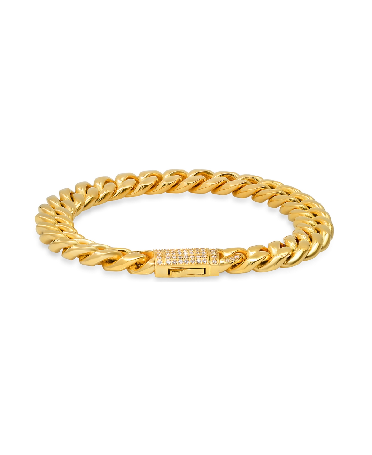 Men's 18k Gold Plated Stainless Steel Thick Cuban Link Chain Bracelet with Simulated Diamonds Clasp - Gold Plated