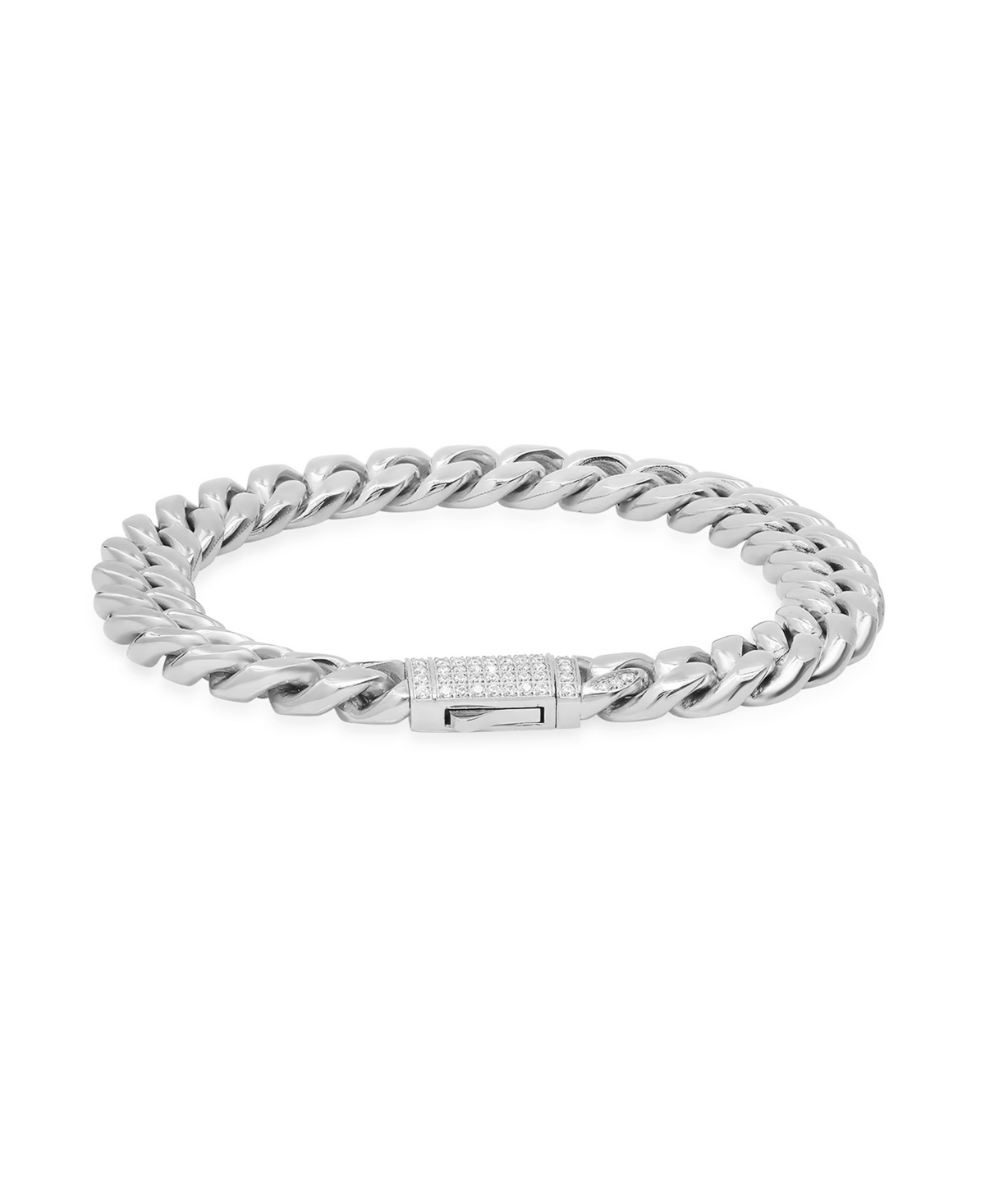 Men's Stainless Steel Thick Cuban Link Chain Bracelet with Simulated Diamonds Clasp - Silver-tone