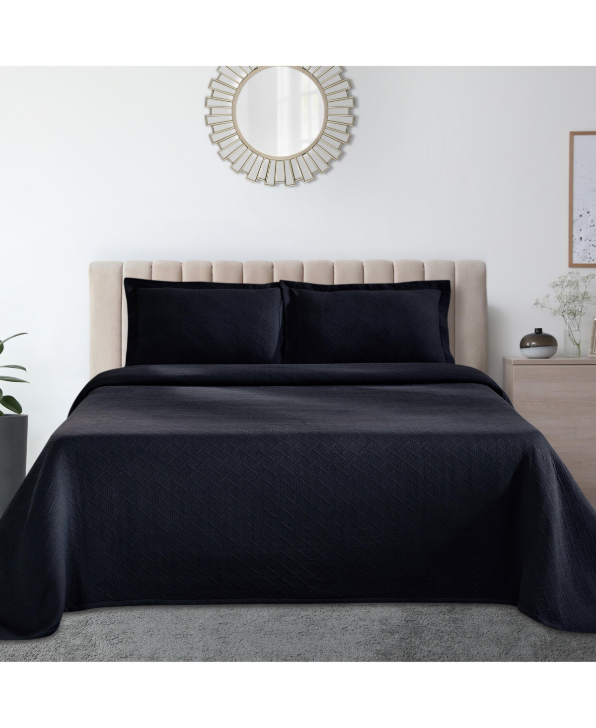 Superior 100% Cotton Basketweave Matelasse All-season 3-piece Coverlet Set, Queen In Navy Blue