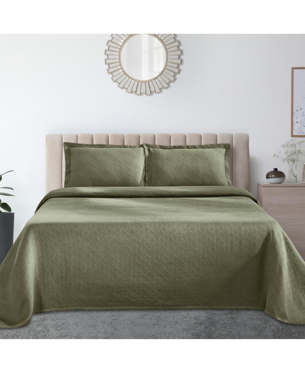 Superior 100% Cotton Basketweave Matelasse All-season 3-piece Coverlet Set, Queen In Sage