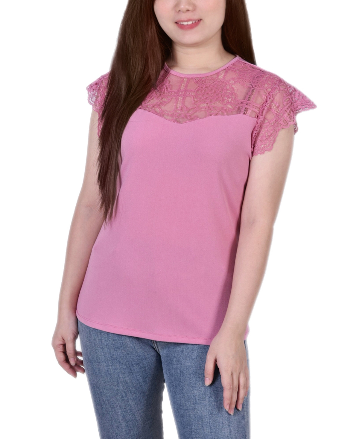 Ny Collection Petite Size Crepe Knit Top With Lace Flanged Sleeve And Yoke In Lilas