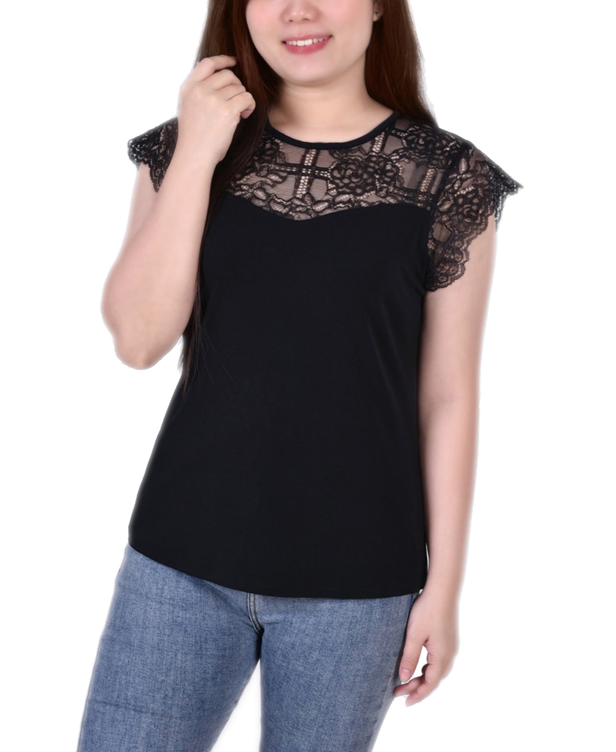 Ny Collection Petite Size Crepe Knit Top With Lace Flanged Sleeve And Yoke In Black